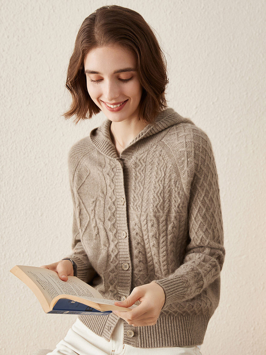 COMOBOCA 100% Cashmere Luxurious Cable Knit Hooded Cardigan