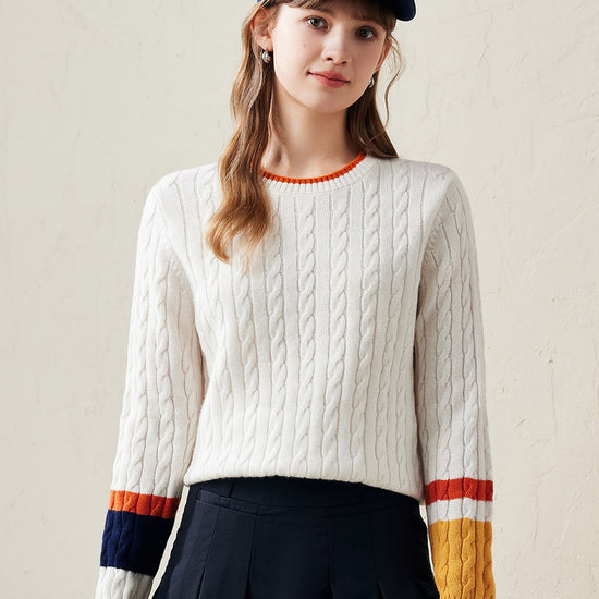 COMOBOCA White 100% Wool Women's Colorblock Cable Knit Sweater