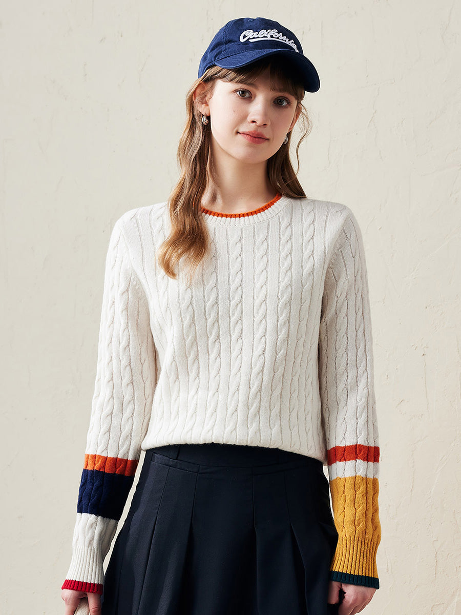 COMOBOCA White 100% Wool Women's Colorblock Cable Knit Sweater
