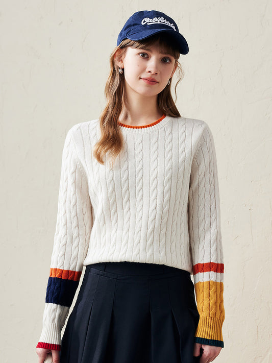 COMOBOCA White 100% Wool Women's Colorblock Cable Knit Sweater