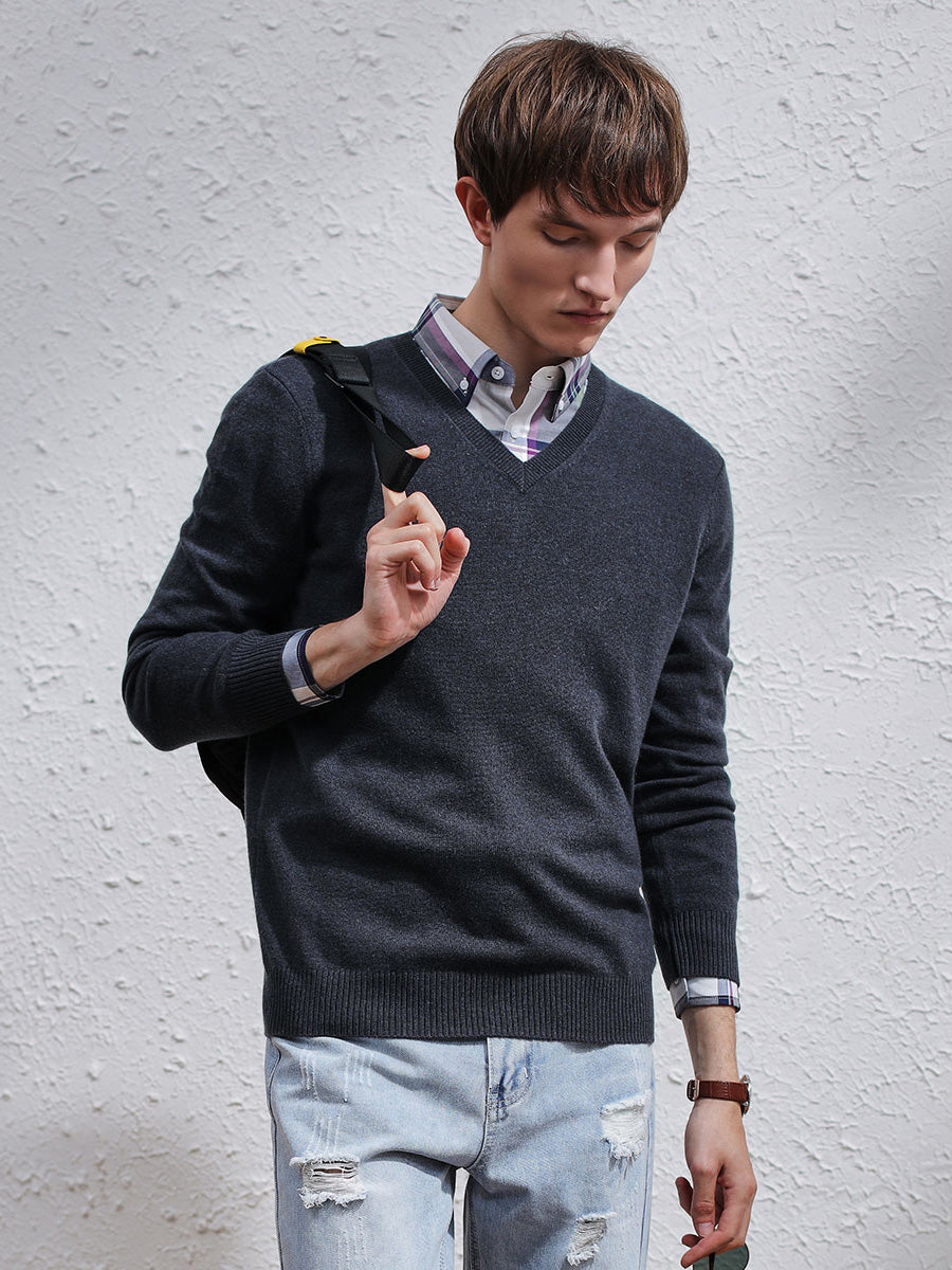COMOBOCA DARK GREY 100% Cashmere Men's V-Neck Sweater