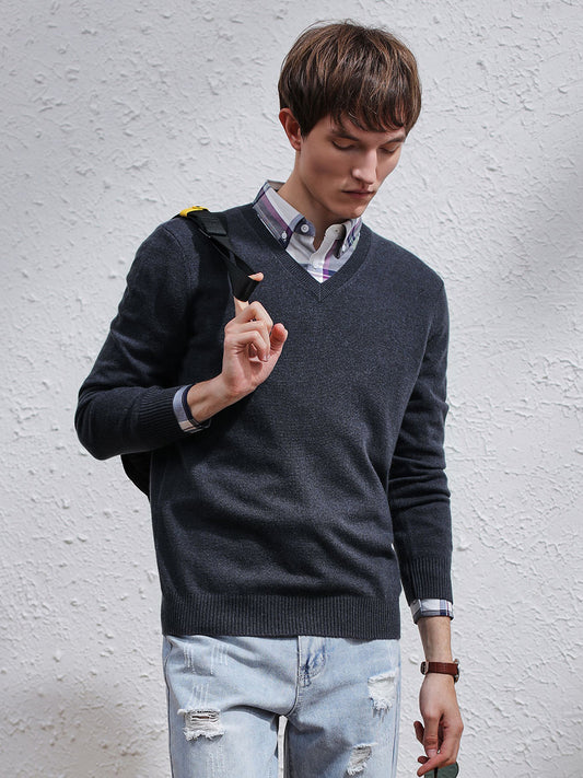 COMOBOCA DARK GREY 100% Cashmere Men's V-Neck Sweater