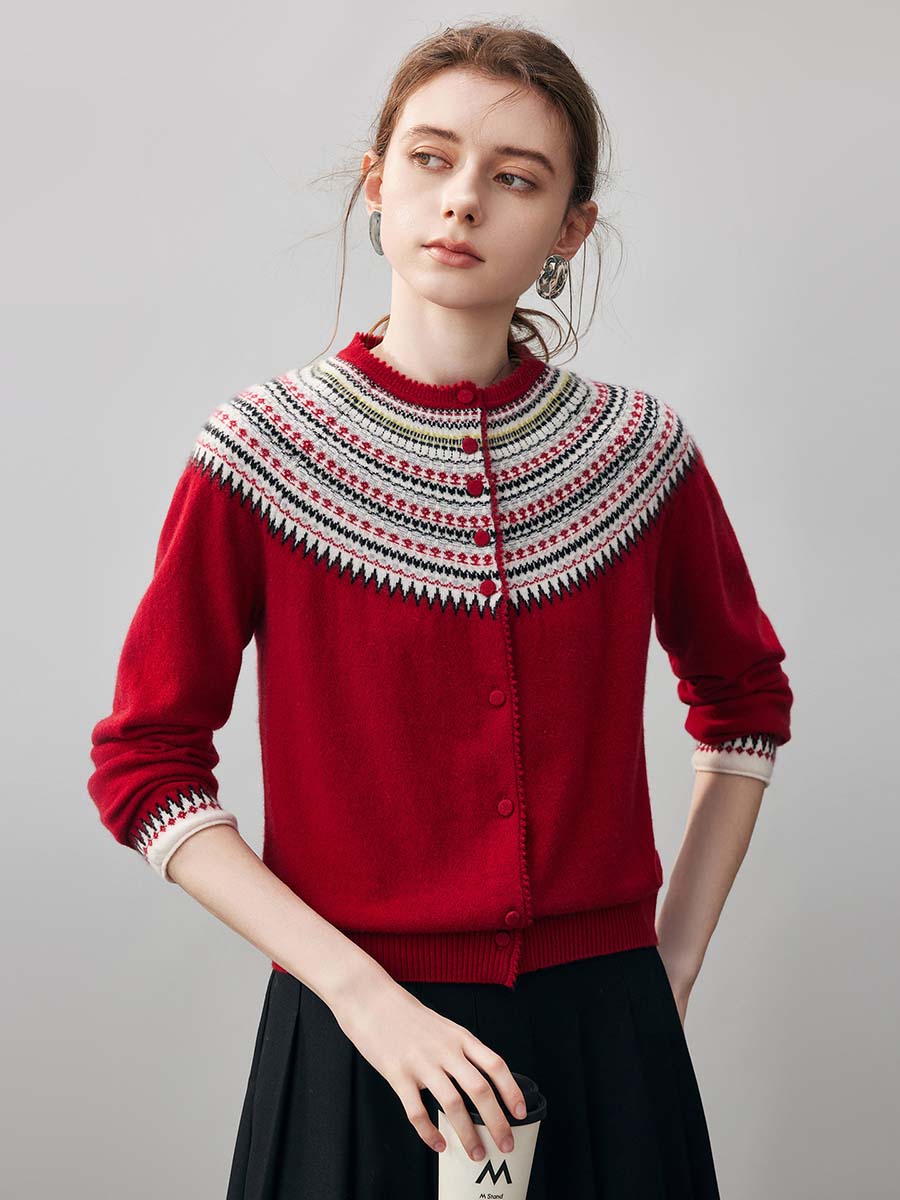 COMOBOCA 100% Cashmere Women's Fair Isle Button Front Cardigan
