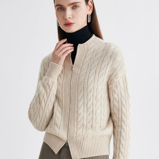 COMOBOCA 100% Cashmere Women's Cable Zip Up Knit Cardigan