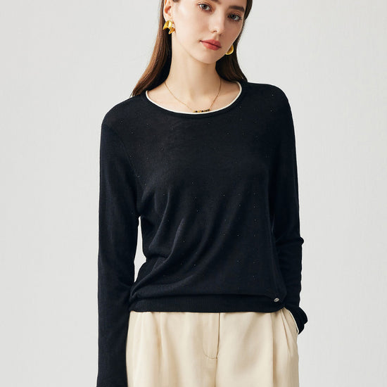 COMOBOCA Black Women's Rhinestone Detail Crewneck Knit Sweater