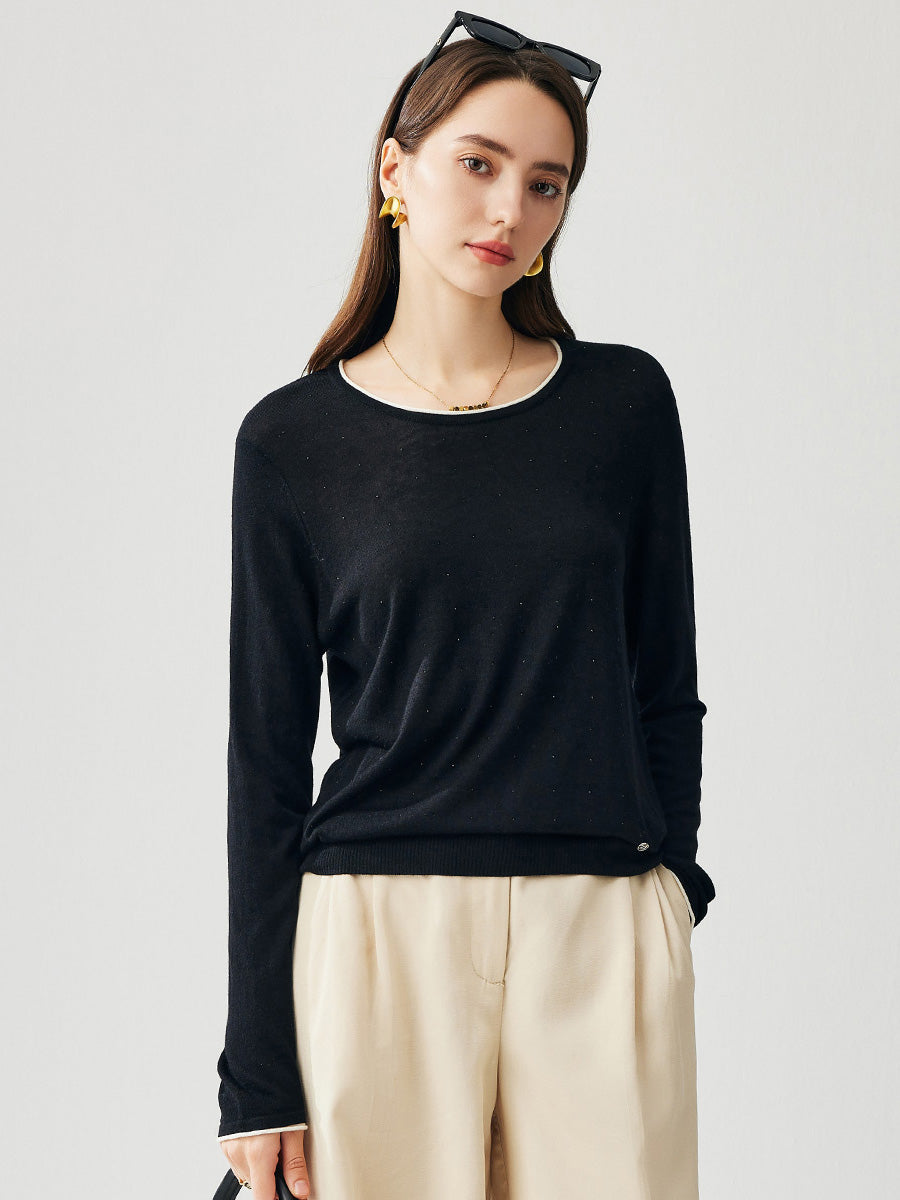 COMOBOCA Black Women's Rhinestone Detail Crewneck Knit Sweater