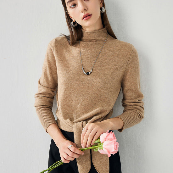 COMOBOCA 100% Cashmere Women's Mock Neck Tie-Waist Sweater