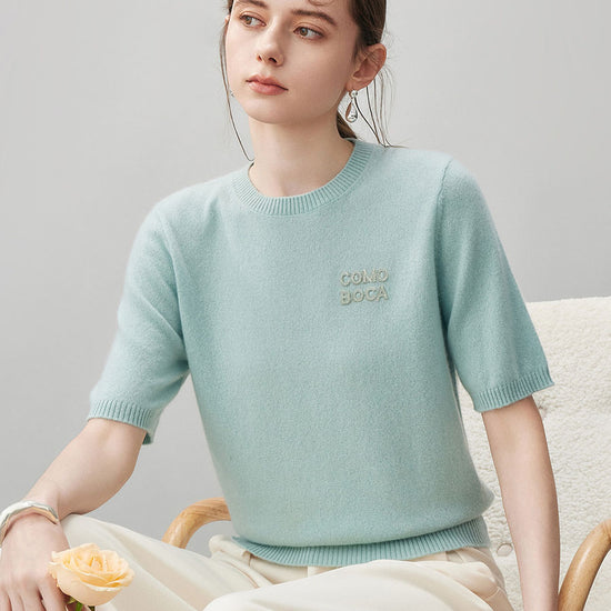 COMOBOCA 100% Cashmere Women's Embroidered Logo Short Sleeve Sweater