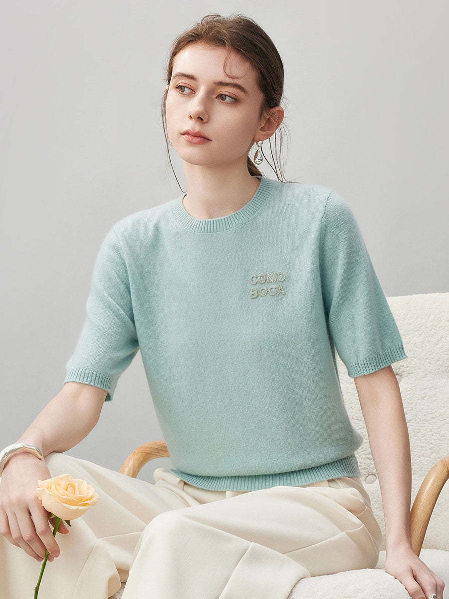 COMOBOCA 100% Cashmere Women's Embroidered Logo Short Sleeve Sweater