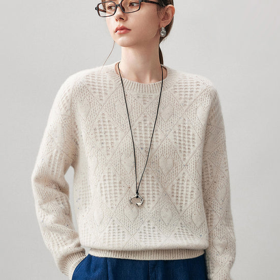 COMOBOCA White 100% Cashmere Women's Openwork Knit Round Neck Sweater
