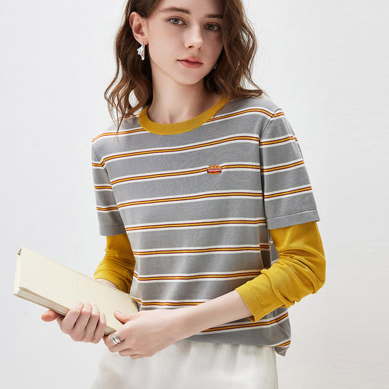 COMOBOCA Women's Layered Striped Round Neck Knit Sweater