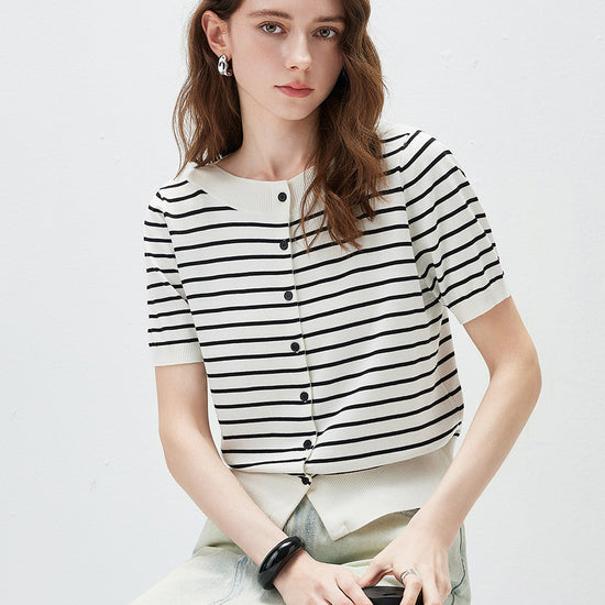 COMOBOCA Women's Striped Short Sleeve Knit Cardigan