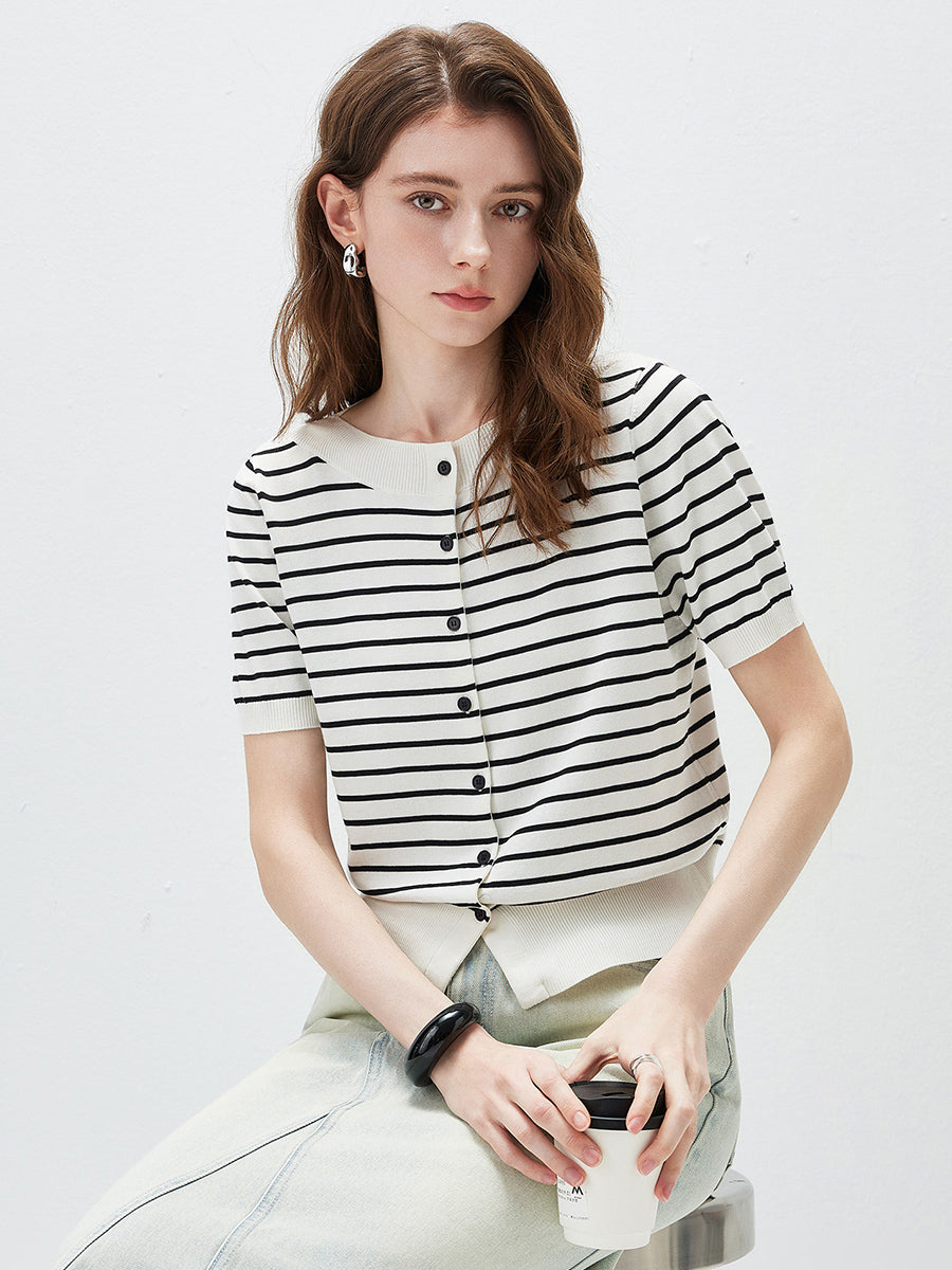 COMOBOCA Women's Striped Short Sleeve Knit Cardigan