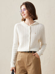 COMOBOCA White 100% Cashmere Women's Cable Knit Hooded Cardigan