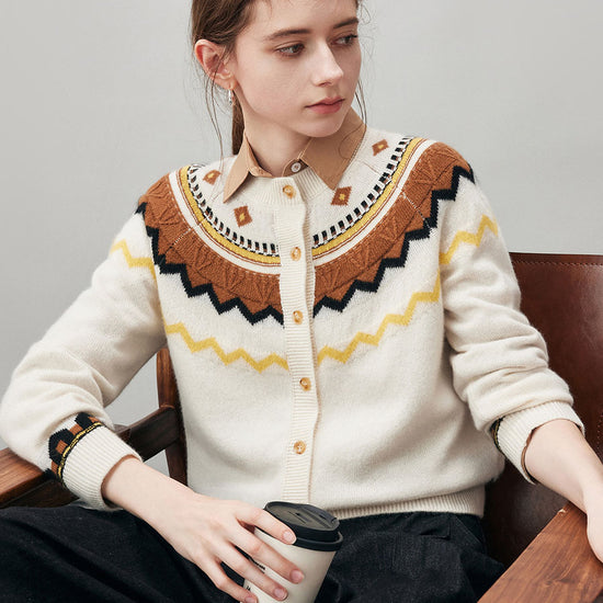 COMOBOCA 100% Cashmere Women's Fair Isle Button Down Cardigan