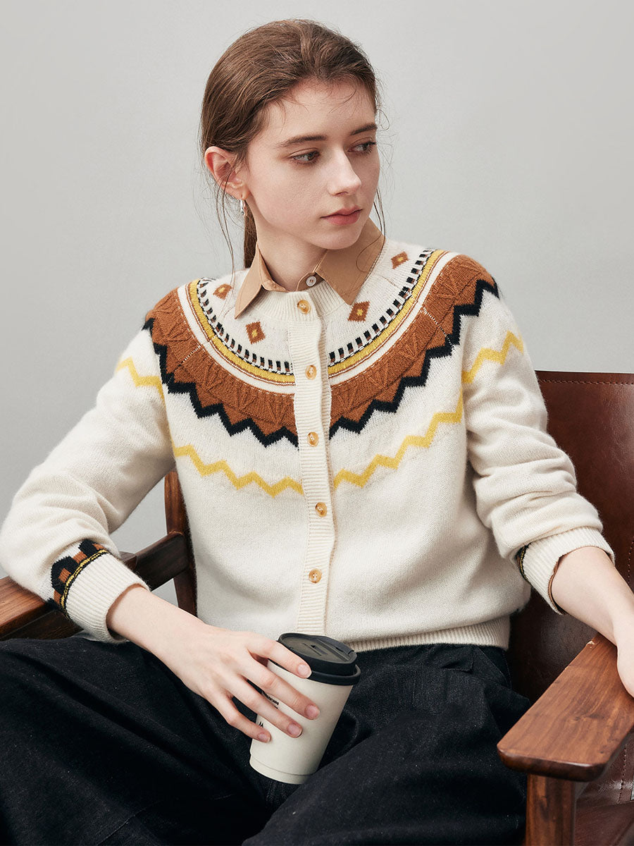 COMOBOCA 100% Cashmere Women's Fair Isle Button Down Cardigan