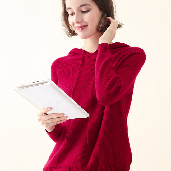 COMOBOCA Red 100% Cashmere Women's Knit Sweater Hoodie