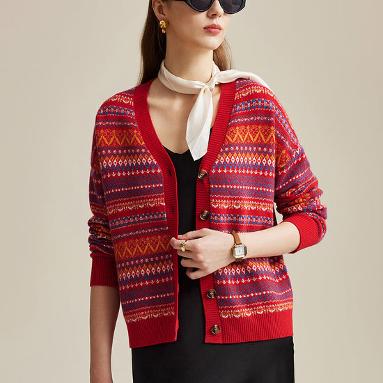 COMOBOCA 100% Wool Women's Fair Isle Patterned Cardigan