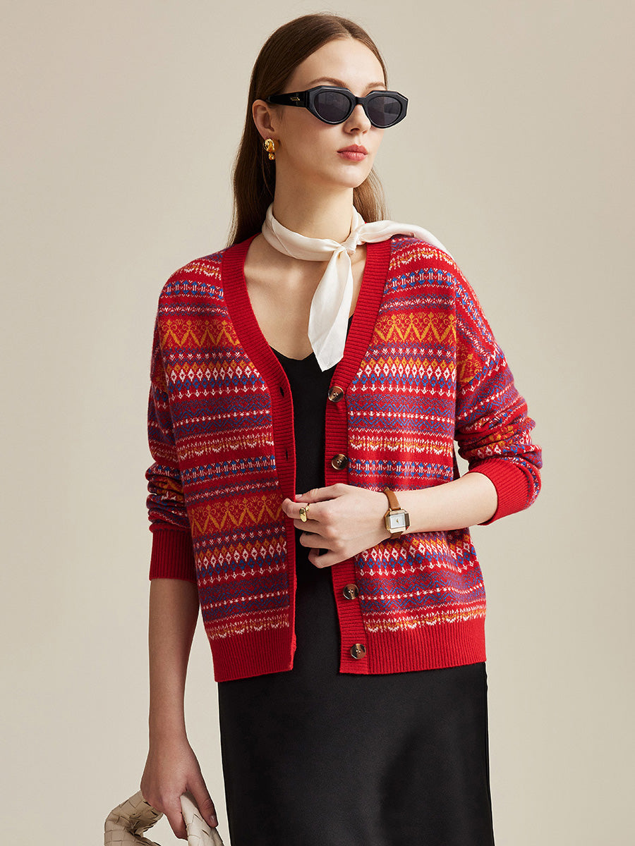COMOBOCA 100% Wool Women's Fair Isle Patterned Cardigan