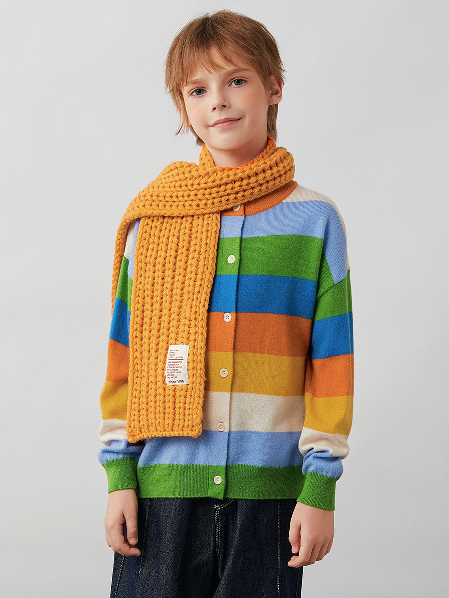 COMOBOCA Striped 100% Wool Kids' Colorful Striped Round Neck Cardigan