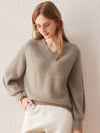 COMOBOCA LIGHT TAN 100% Cashmere Women's Lantern Sleeve V-Neck Knit Sweater