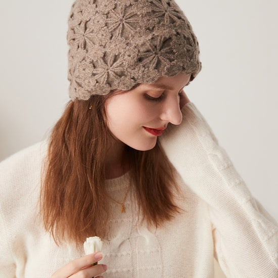 COMOBOCA 100% Cashmere Women's Floral Crochet Knit Beanie