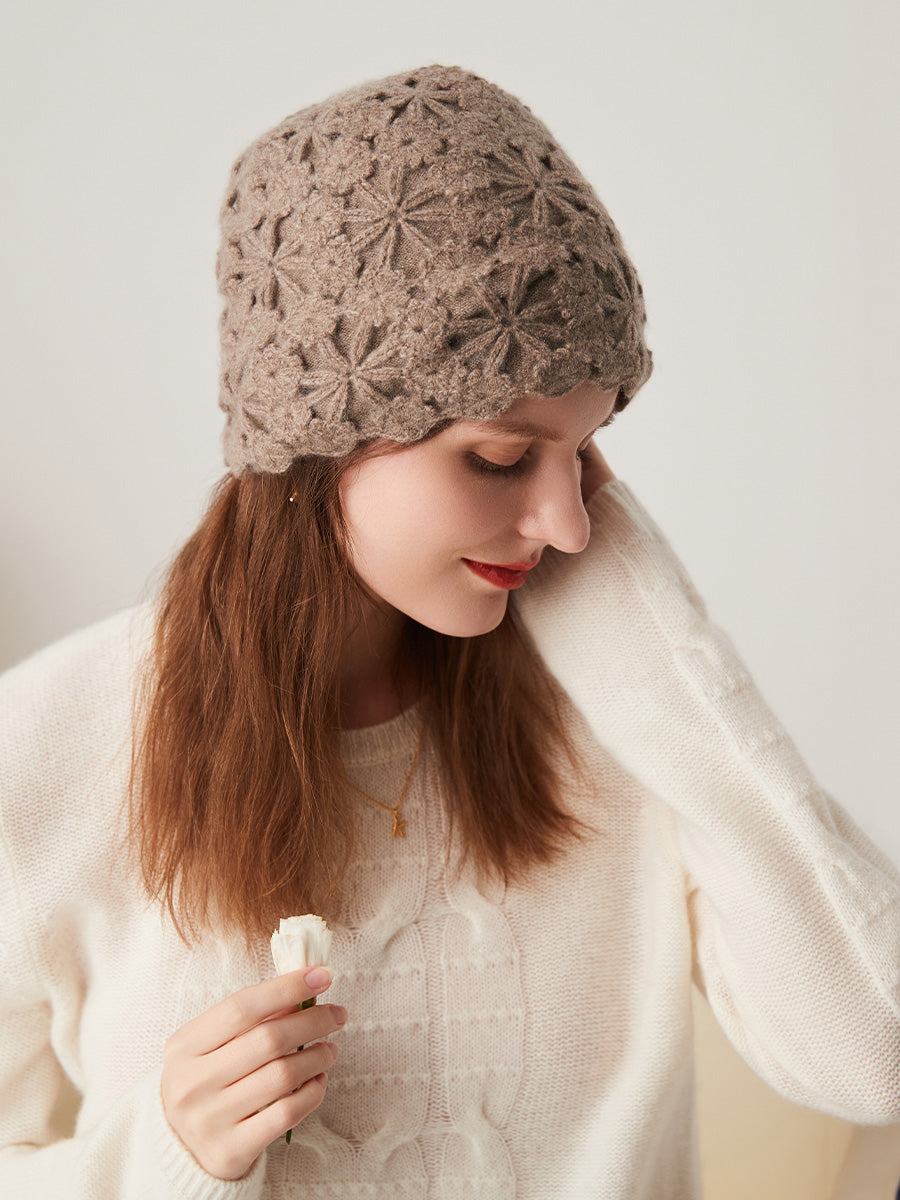 COMOBOCA 100% Cashmere Women's Floral Crochet Knit Beanie