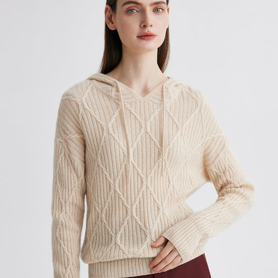 COMOBOCA 100% Cashmere Women's Cable Knit Hoodie