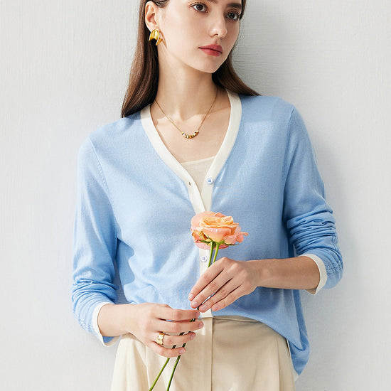 COMOBOCA Light Blue Women's Ribbed V-neck Cardigan with White Trim