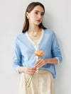 COMOBOCA Light Blue Women's Ribbed V-neck Cardigan with White Trim