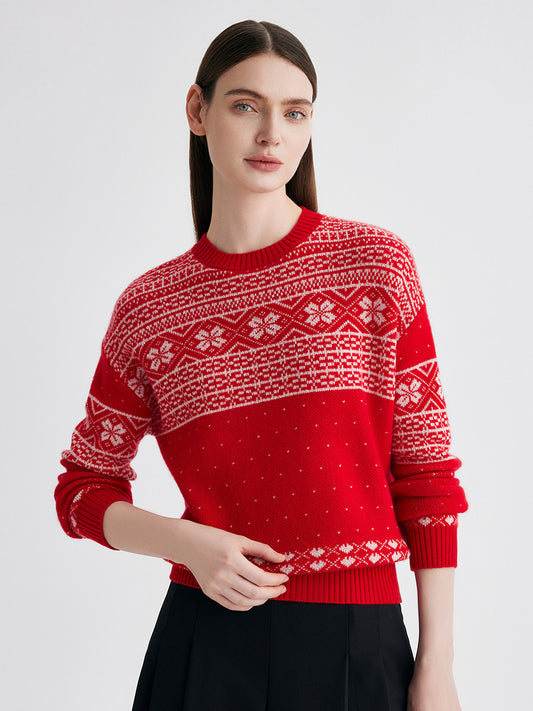 COMOBOCA Red 100% Cashmere Women's Fair Isle Snowflake Sweater
