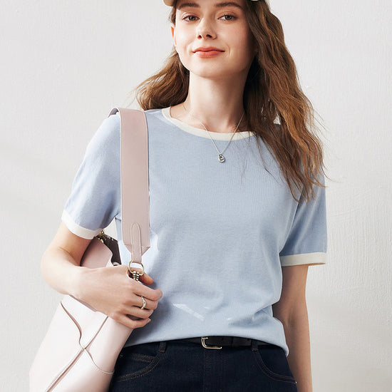 COMOBOCA Light Blue Women's Retro Ringer Cotton Silk T-Shirt