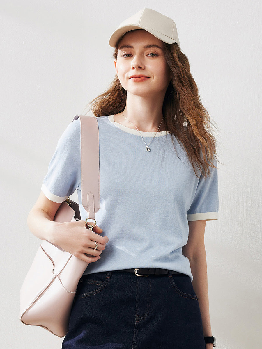 COMOBOCA Light Blue Women's Retro Ringer Cotton Silk T-Shirt