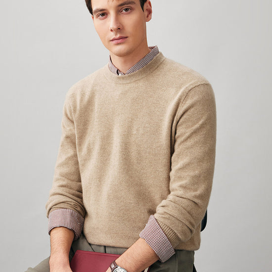 COMOBOCA 100% Cashmere Men's Ribbed Round Neck Knit Sweater