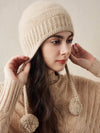 COMOBOCA 100% Cashmere Women's Ear Flap Beanie with Pom-Poms