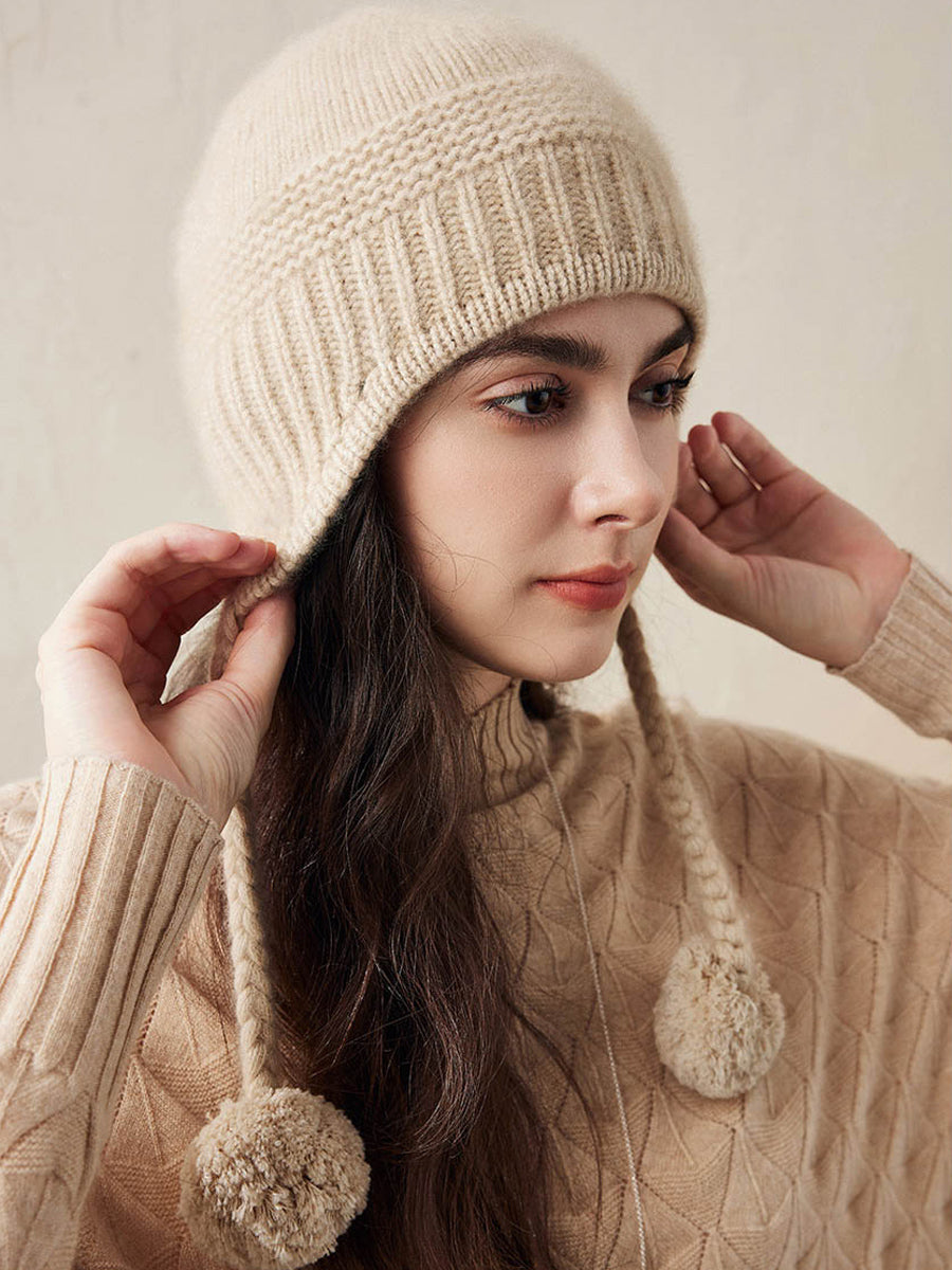 COMOBOCA 100% Cashmere Women's Ear Flap Beanie with Pom-Poms
