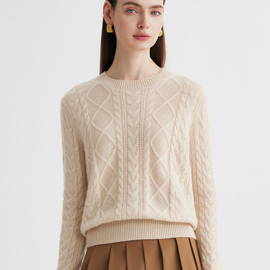 COMOBOCA Beige 100% Cashmere Women's Cable Round Neck Knit Sweater