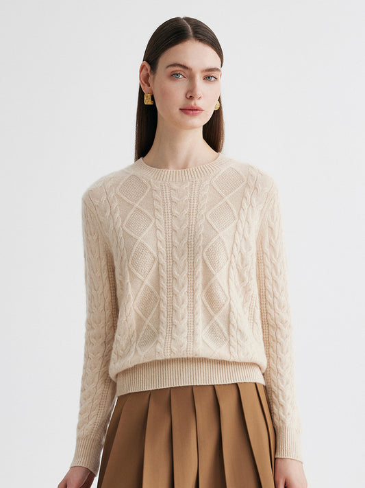 COMOBOCA Beige 100% Cashmere Women's Cable Round Neck Knit Sweater