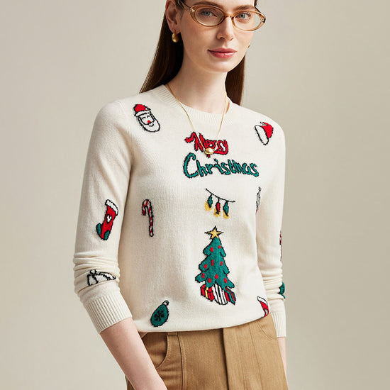 COMOBOCA 100% Cashmere Women's Christmas Embroidered Knit Sweater