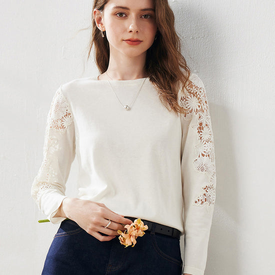COMOBOCA Women's Lace Sleeve Round Neck Sweater