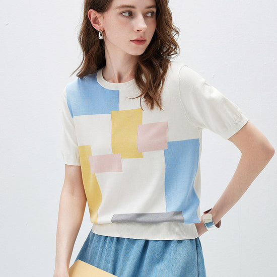 COMOBOCA Women's Geometric Color Block Fine Knit T-Shirt