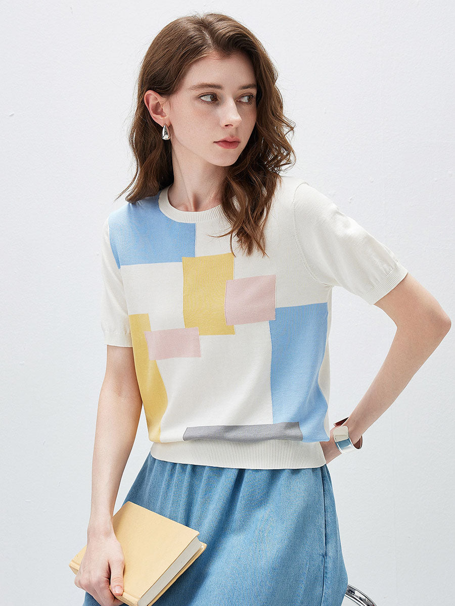 COMOBOCA Women's Geometric Color Block Fine Knit T-Shirt