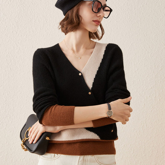 COMOBOCA BLACK 100% Cashmere Women's V-Neck Color Block Faux Sweater