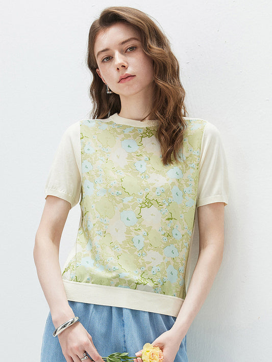 COMOBOCA Bright Green Women's Mixed Print Short Sleeve Knit Top