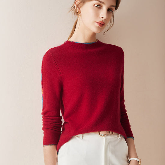 COMOBOCA RED 100% Cashmere Women's Sweater with Built-in Collar