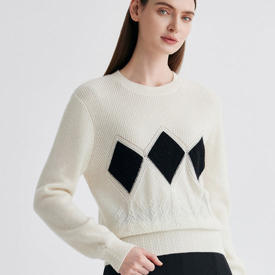 COMOBOCA 100% Cashmere Women's Argyle Patterned Round Neck Sweater