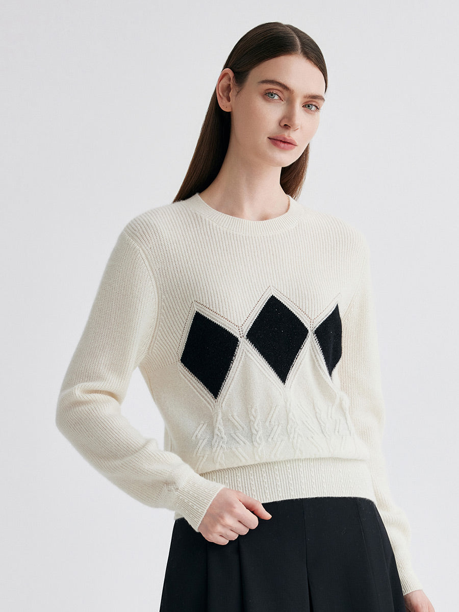 COMOBOCA 100% Cashmere Women's Argyle Patterned Round Neck Sweater