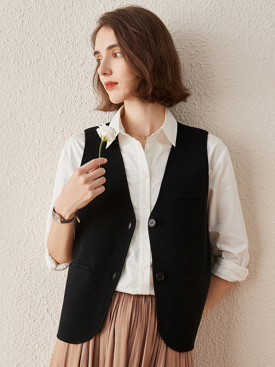 COMOBOCA Black 100% Wool Elegant Sleeveless Button-Up Vest