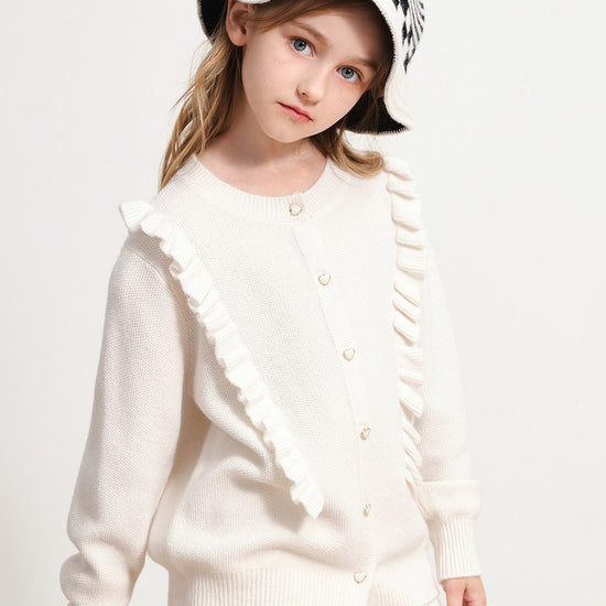 COMOBOCA WHITE 100% Wool Kids' Round Neck Heart Button Cardigan