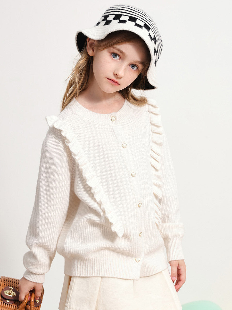 COMOBOCA WHITE 100% Wool Kids' Round Neck Heart Button Cardigan